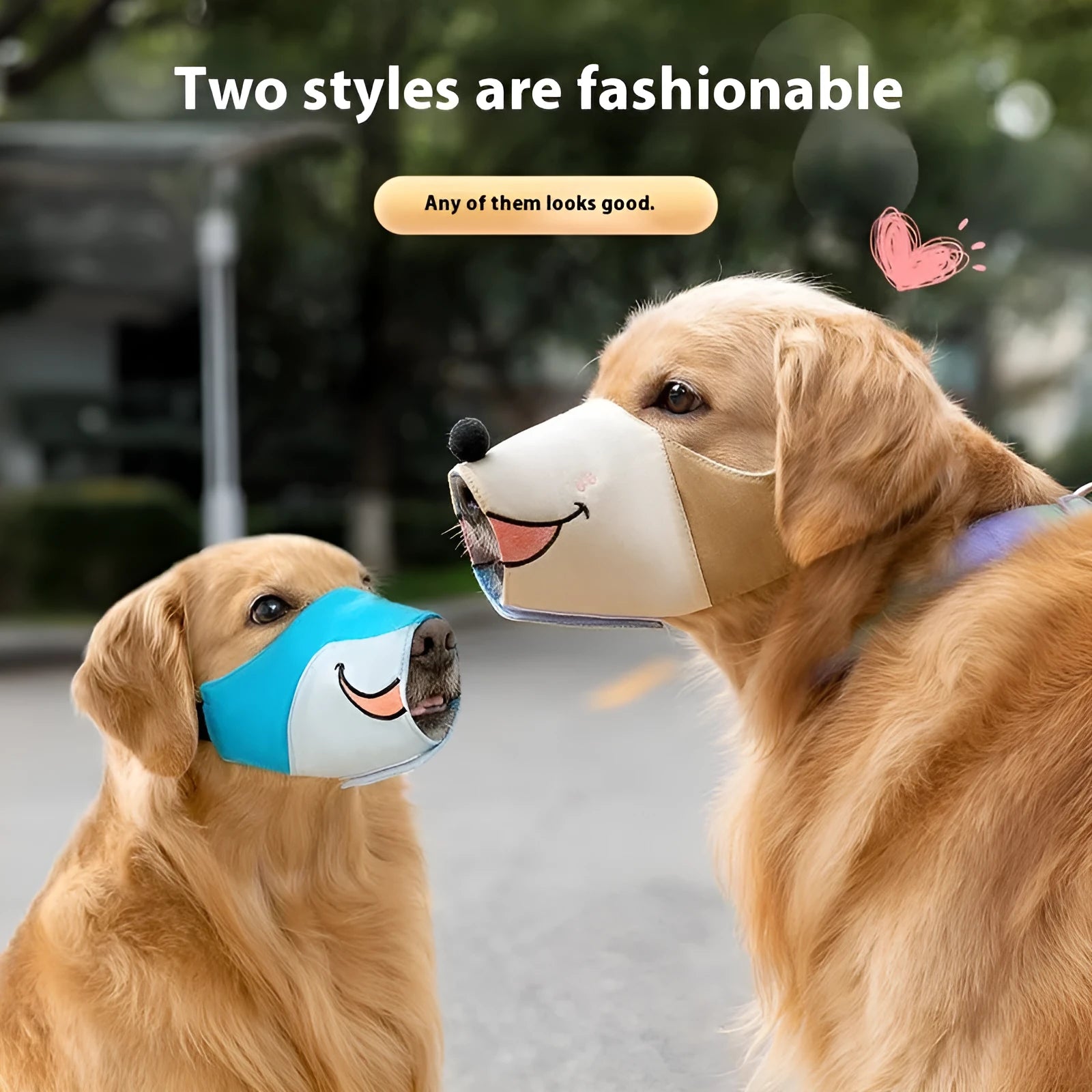 Canvas dog muzzle anti-bite mouth cover in Ollie Brown Bear and Bondi Blue Shark colours, shown in sizes S, M, L, XL.