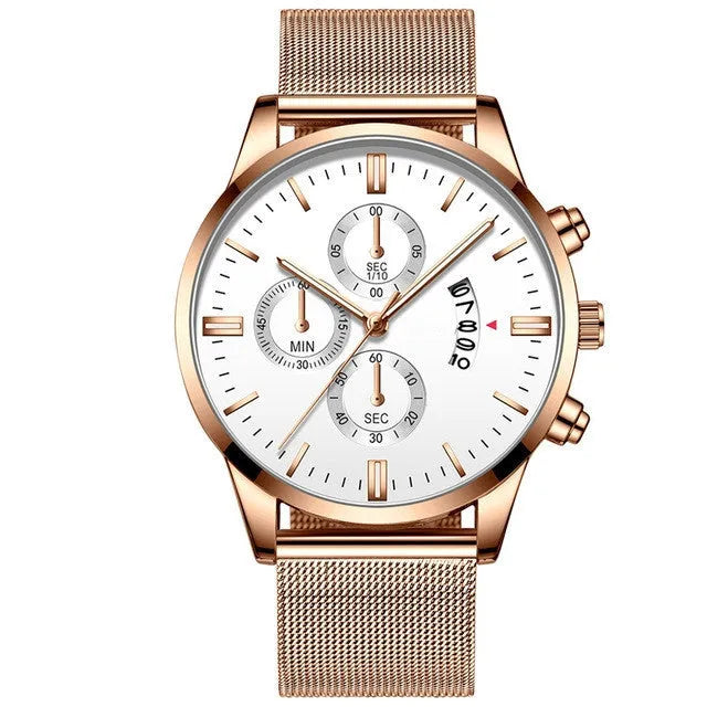 Men's stainless steel mesh band quartz watch with analog display on a wrist