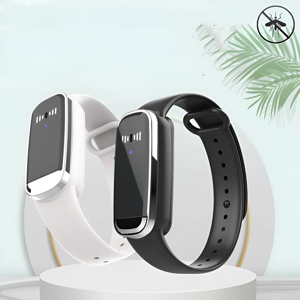 Black and white ultrasonic mosquito repellent bracelet with USB charging cable showing wearable design