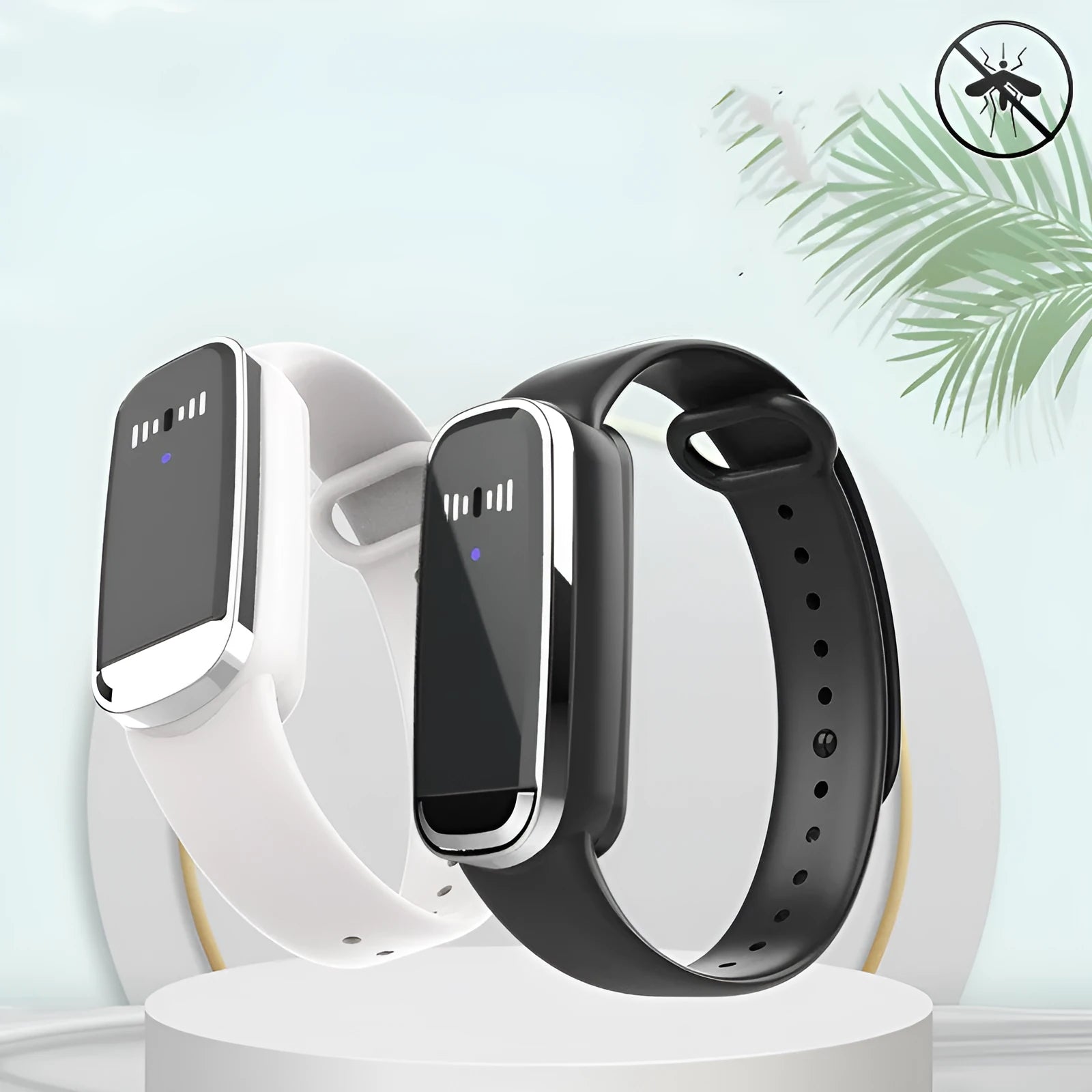 Black and white ultrasonic mosquito repellent bracelet with USB charging cable showing wearable design