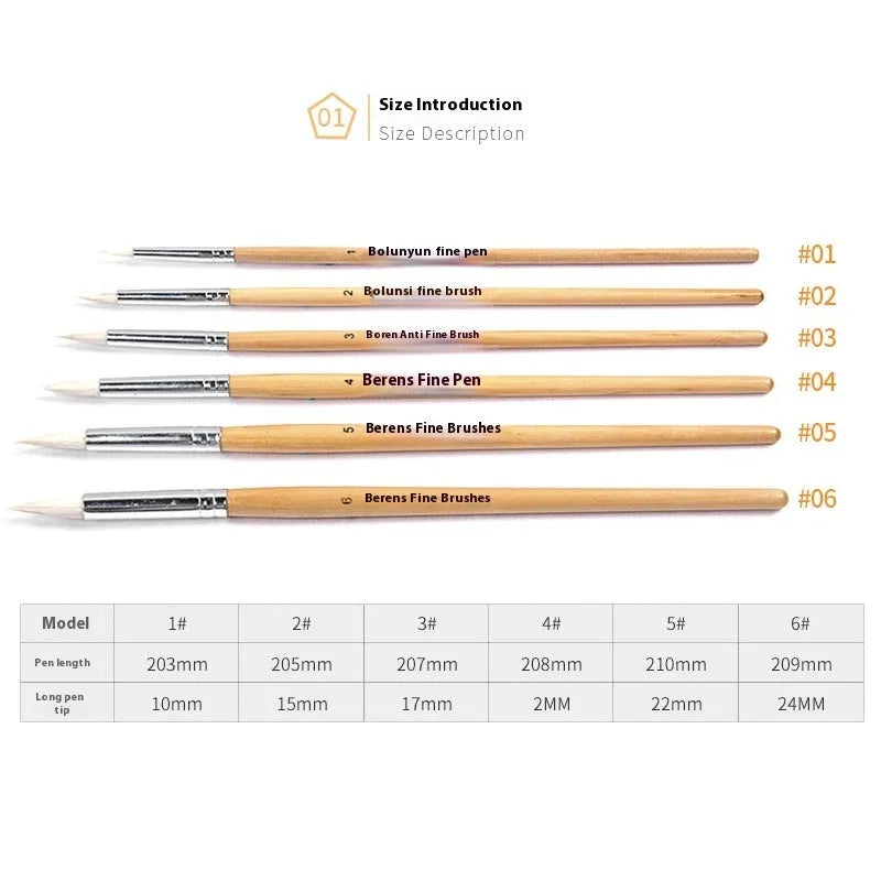 Six wooden handle wool pointed brushes for textile crafts in conventional colours