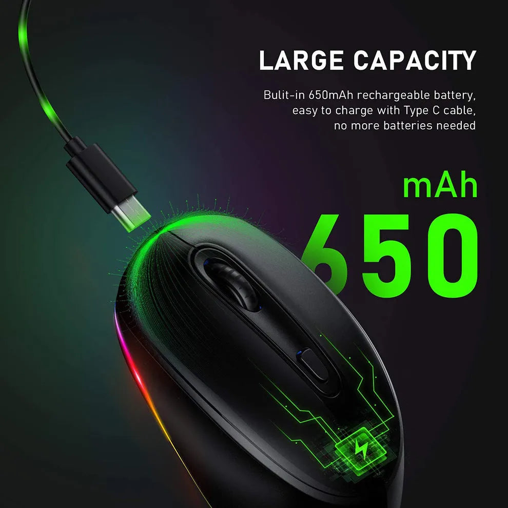 24g lightweight wireless ergonomic mouse for laptops in one of seven colour options, shown with its USB charging cable.
