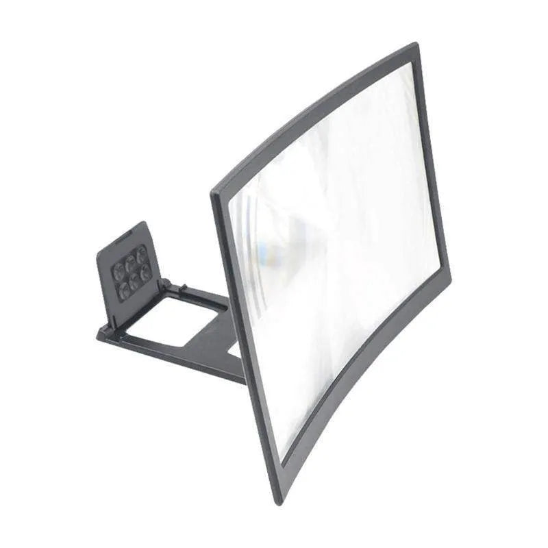 12 inch black ABS mobile screen magnifier with HD acrylic lens on a desk, showing a phone held in anti-slip slot