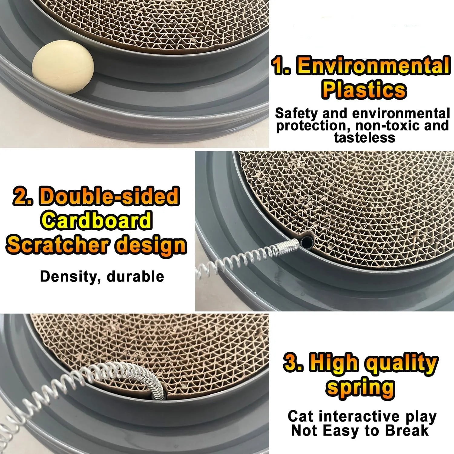 Blue cat scratcher with circular ball track and replaceable cardboard scratching surface