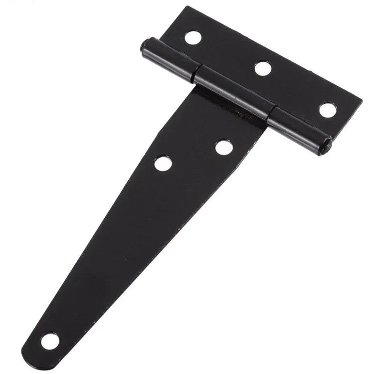 Iron T-hinge for wooden doors and outdoor gates, showing straight arm design and built-in mounting.