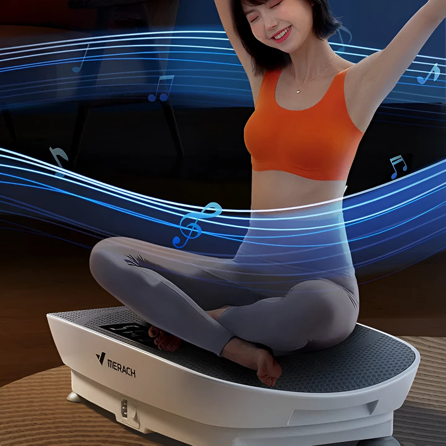Grey portable smart power plate on floor, showing compact 58cm length and Bluetooth connectivity for home fitness.