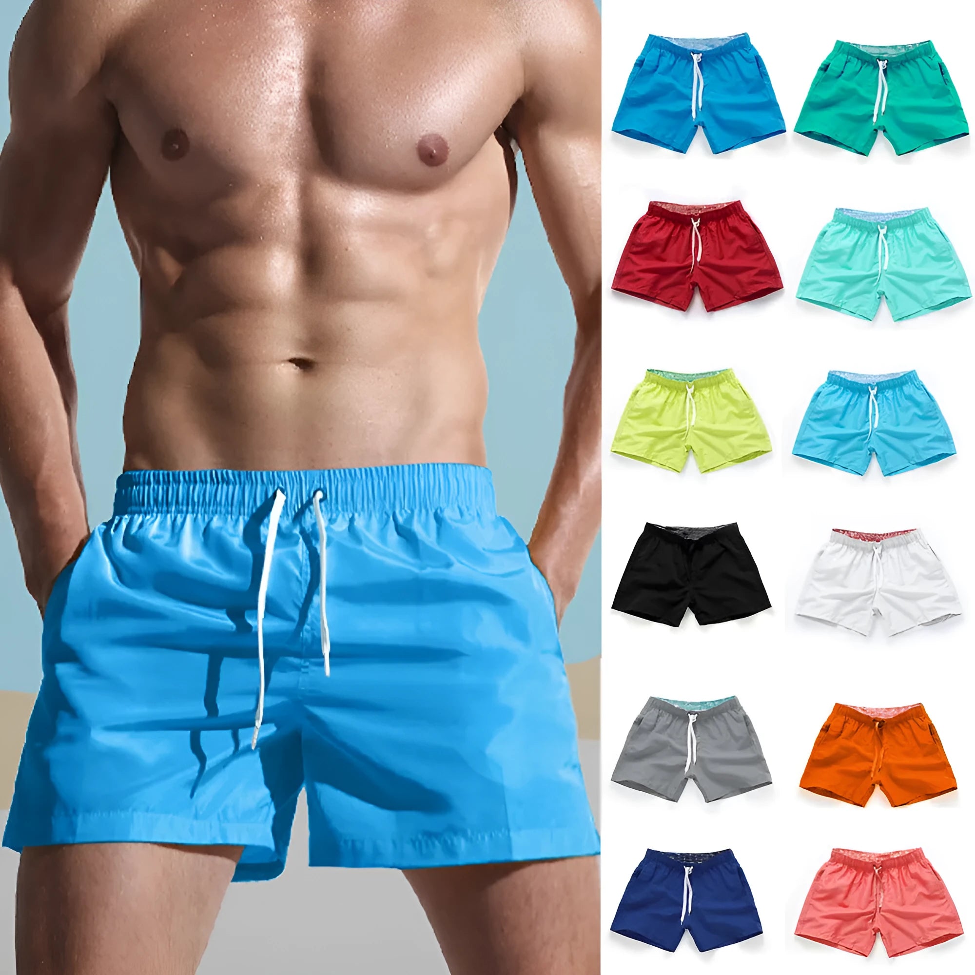 Men's straight leg beach shorts in polyester fabric for surfing and swimming
