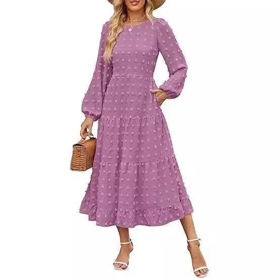 Beige casual long sleeve dress with ruffled sleeves, high waist, and round neck