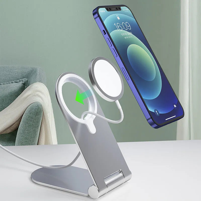 Silver vertical adjustable magnetic phone mounting bracket for iPhone 12 models.