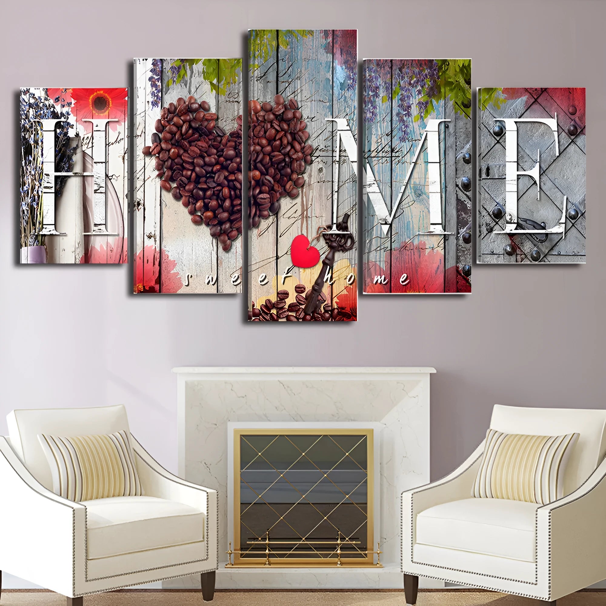 Red oil painting canvas panel set showing multiple artwork pieces in different dimensions