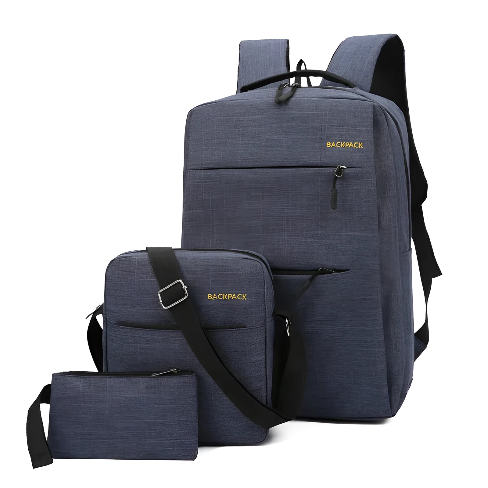 Men's nylon three-piece computer bag set with USB port in black, grey, navy, or wine red.