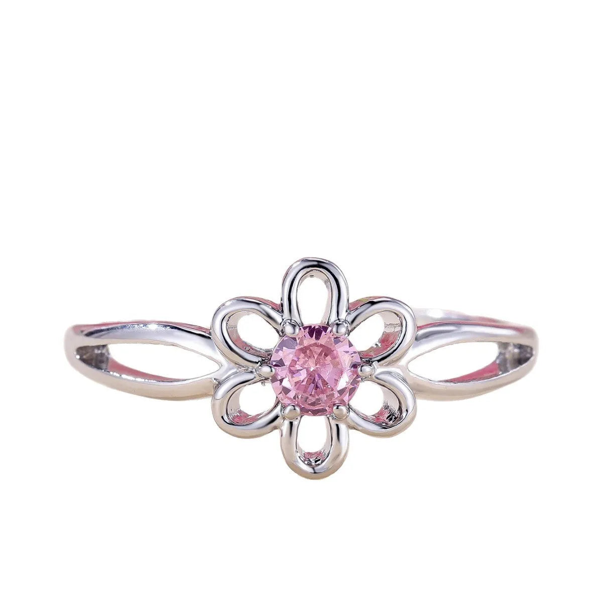Lady's copper ring with hollowed flower design in platinum pink diamond colour showing size options
