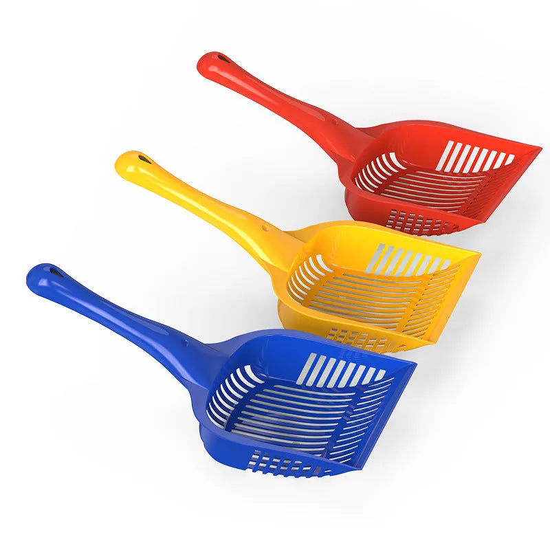 Red, yellow, and blue PP plastic cat litter scoops in small and medium sizes for cleaning plastic toilets