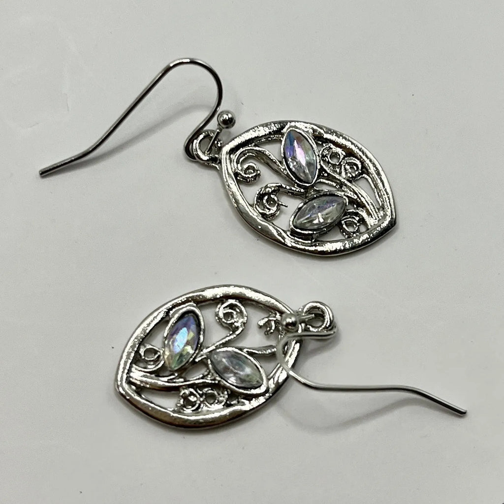 Women's silver-colour leaf earrings with colourful embedded moonstones in drop style