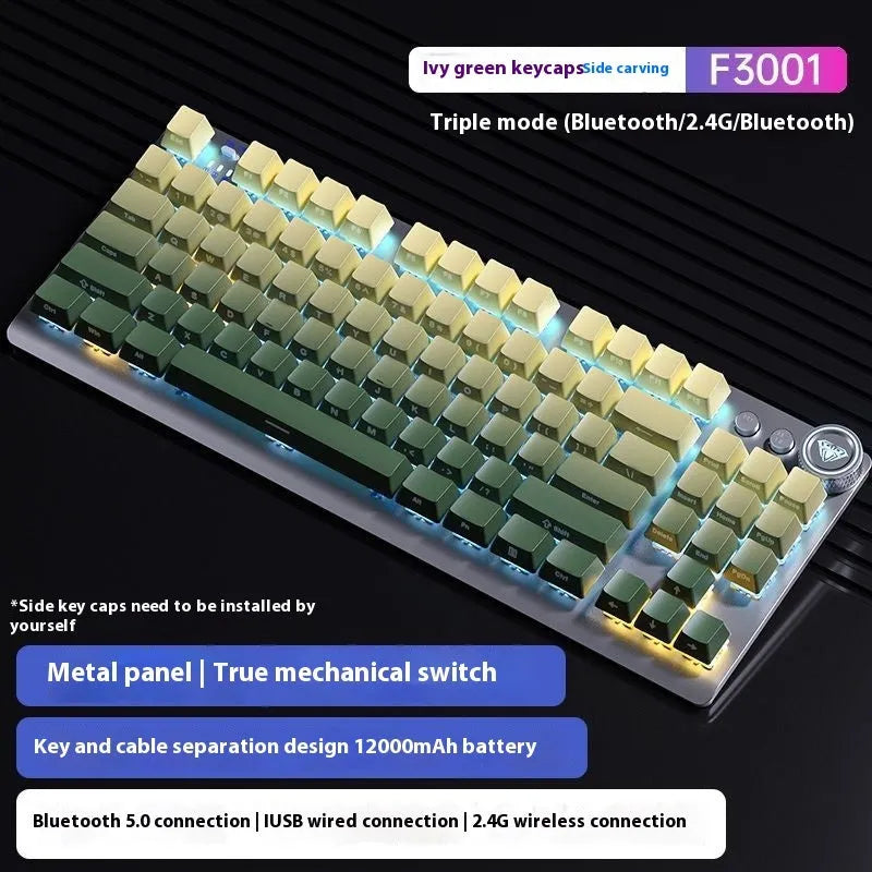 Wireless mechanical keyboard with metal construction and side-engraved keycaps showing Bluetooth connectivity options