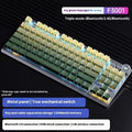 Wireless mechanical keyboard with metal construction and side-engraved keycaps showing Bluetooth connectivity options
