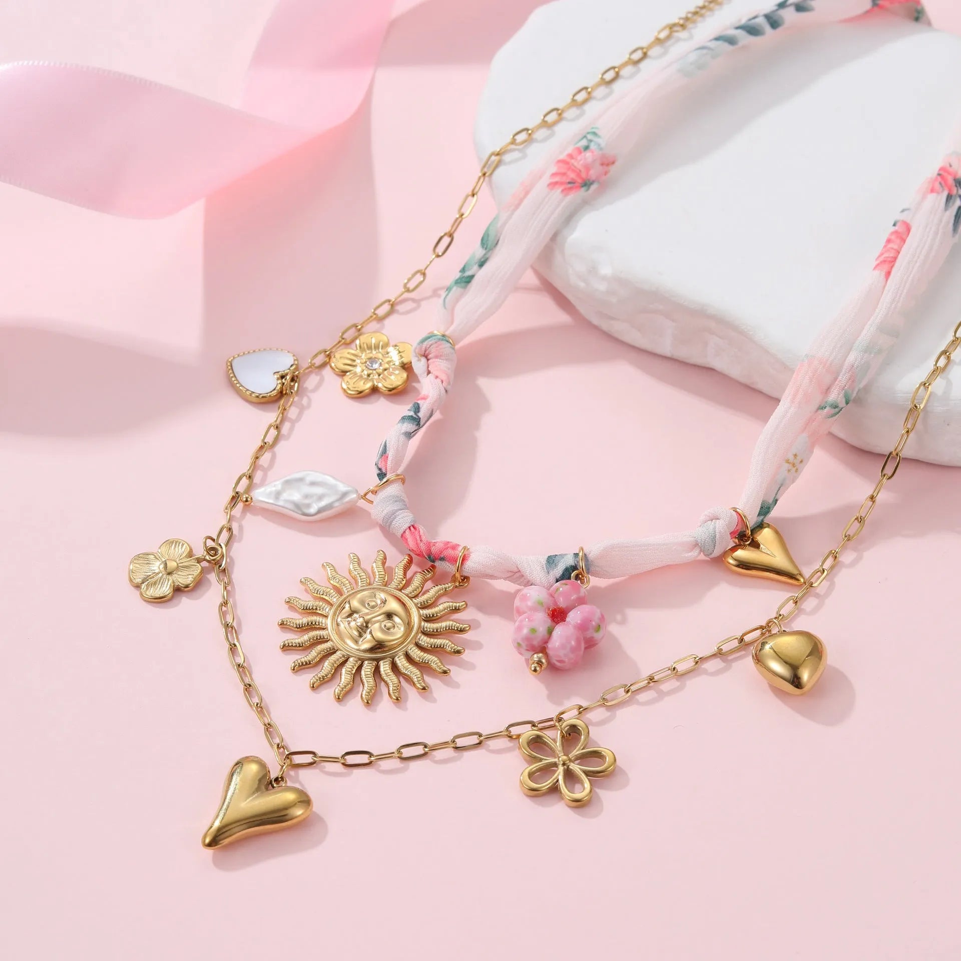 Sun Love stainless steel necklace with 18K gold electroplated heart or sun pendant on adjustable chain