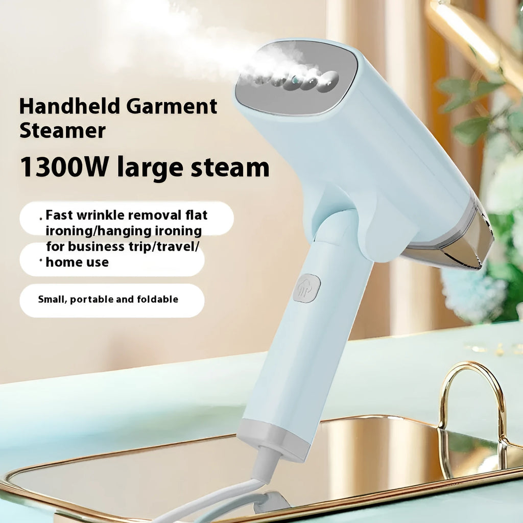 Blue or white handheld garment steamer with 1300W power rating and compact portable design