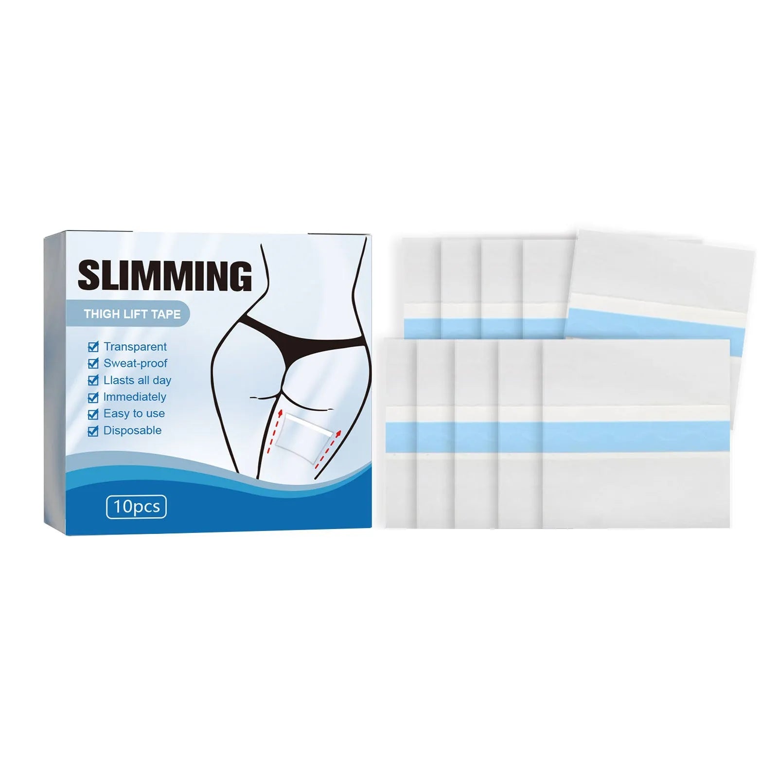 Box of 10 adhesive body shaping navel patches measuring 12cm square with hyaluronic acid and collagen