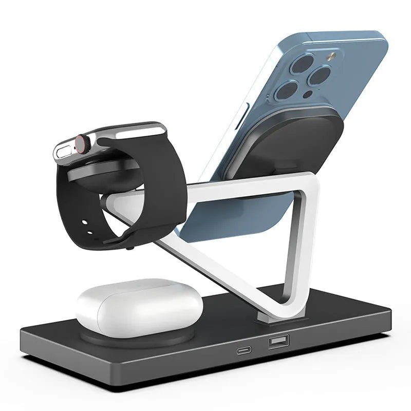 Black and white five-in-one wireless charging station with magnetic phone bracket, watch charger, and night light on wooden surface