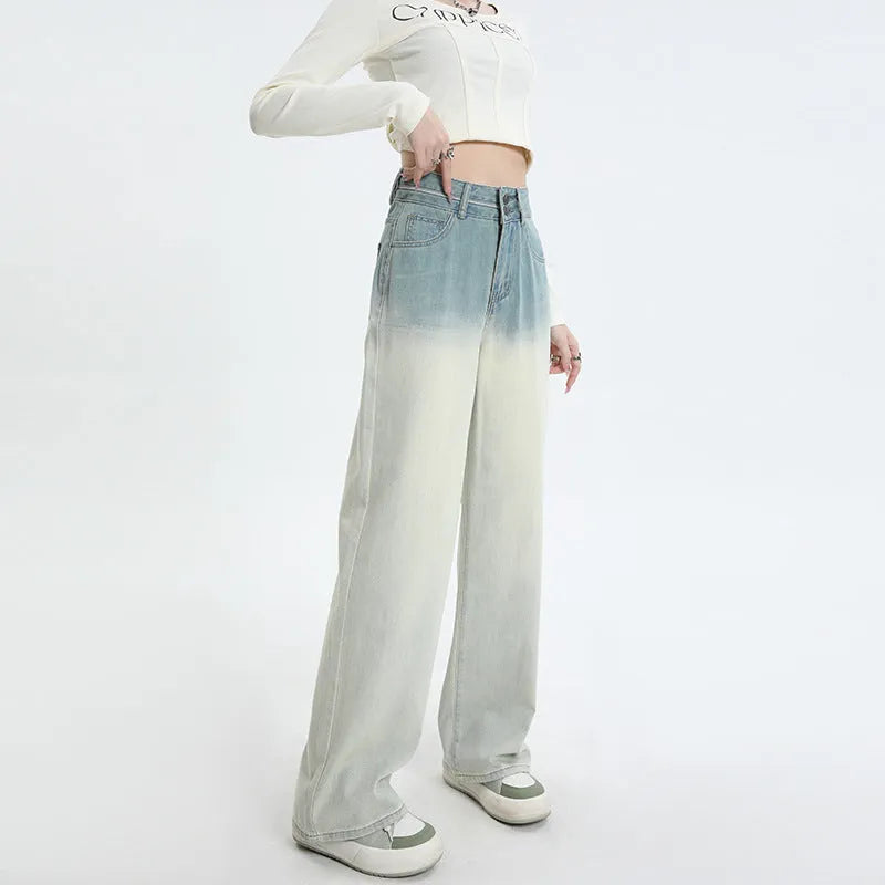 Gradient blue straight-leg wide-leg women's denim trousers laid flat