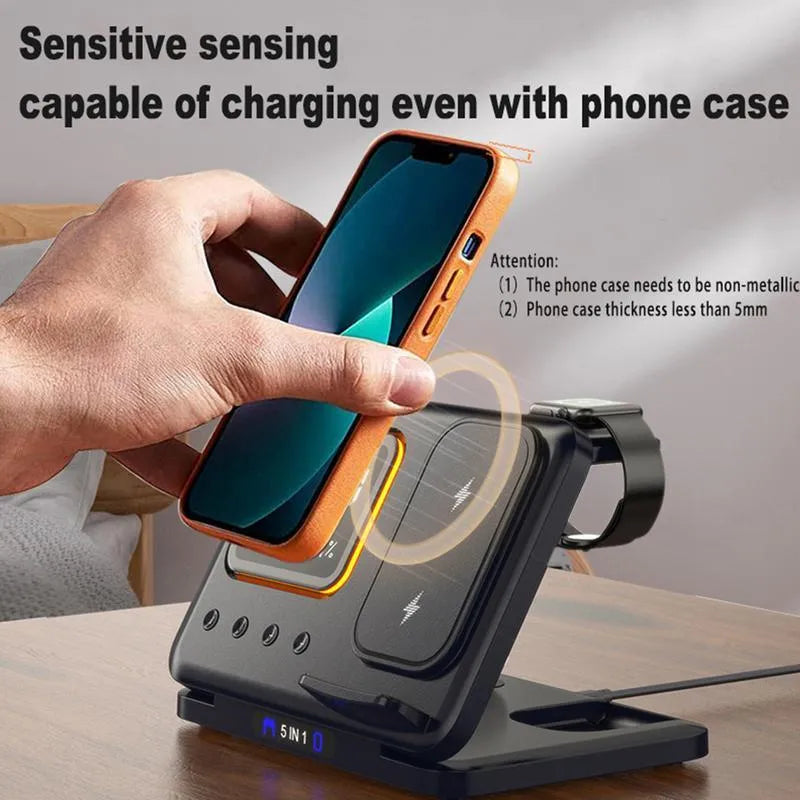 Black and white 5-in-1 wireless charging station with phone, watch and headphone docks, LED clock display