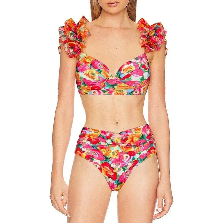 Women's floral print high-waisted push-up bikini set with separate skirt on a white background.