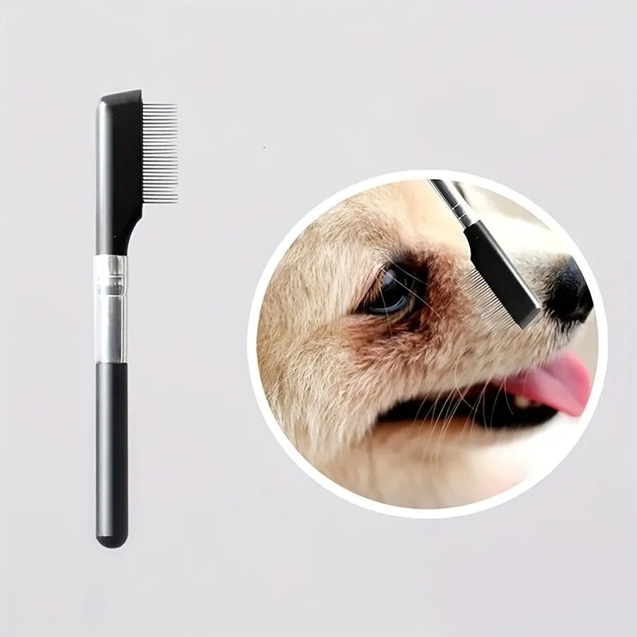 Black dual-ended pet grooming brush with soft silicone stain remover and plastic comb.