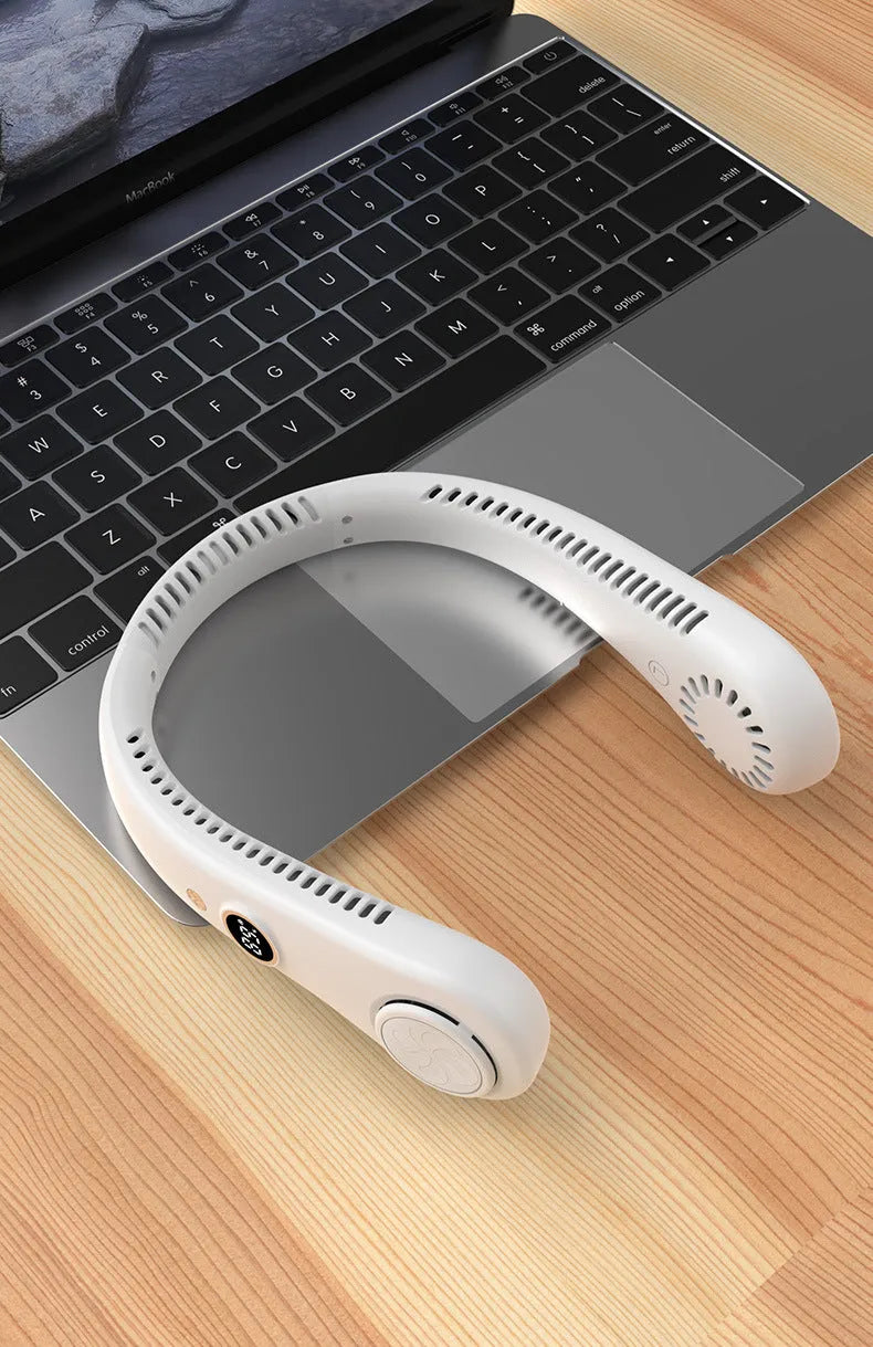 Blue USB charging portable bladeless neck fan showing adjustable speed settings