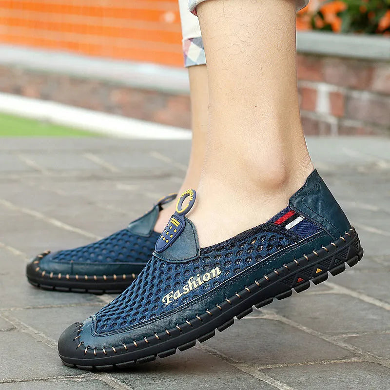 Men's brown mesh casual shoes with round toe and rubber sole