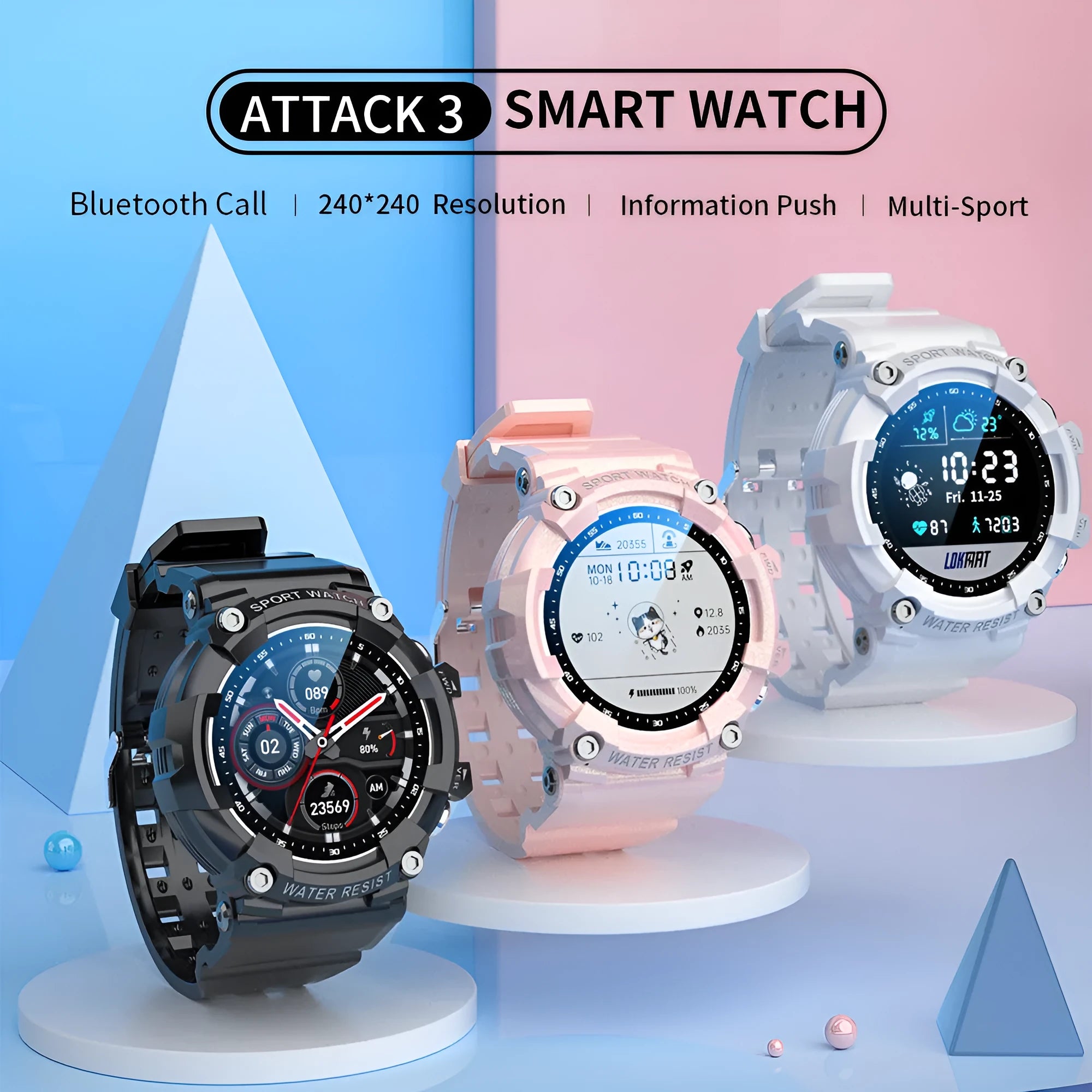 IP67 waterproof smart sports watch with round colour screen showing health metrics