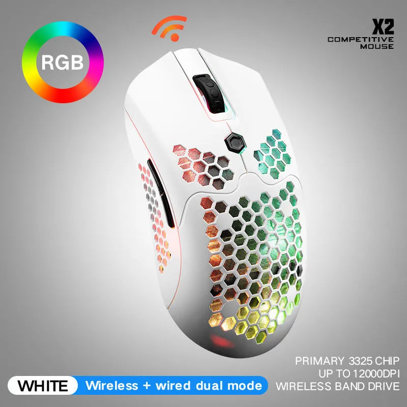 Free Wolf X2 wireless RGB gaming mouse with honeycomb shell in various colours on a desk.