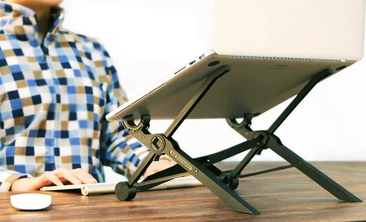 Black portable folding laptop computer stand with reinforced nylon construction showing 35.4cm dimensions