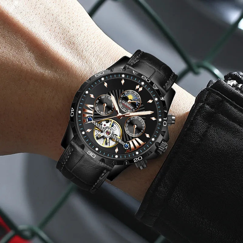 Men's automatic mechanical watch with hollowed-out skeleton dial, silver case, green circle, black leather strap