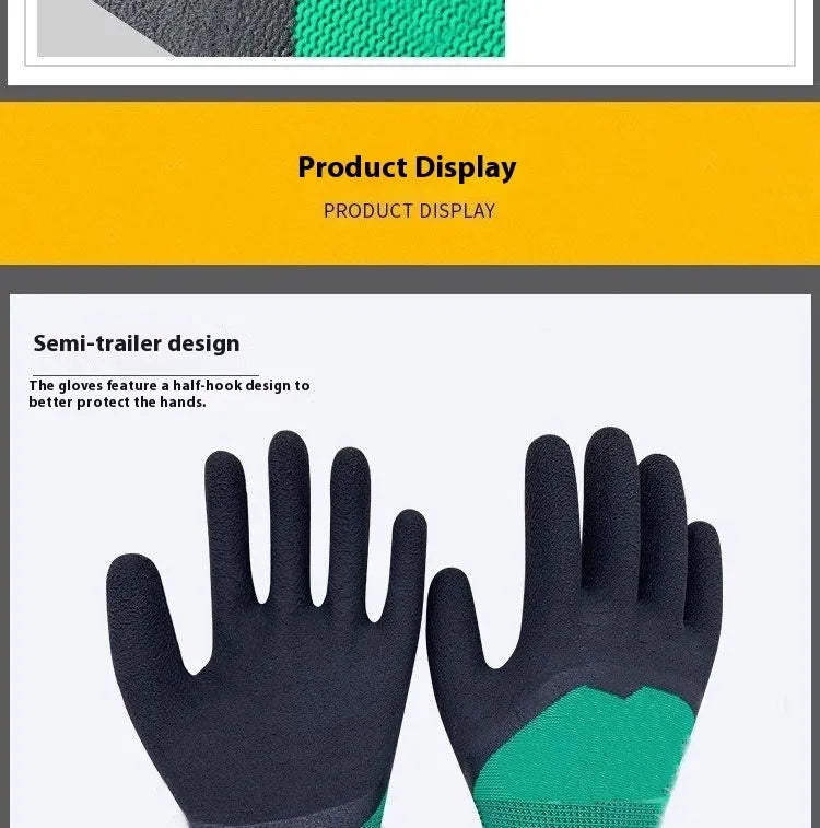 Black and green medium-sized rubber work gloves with visible stitching, shown on a workbench.