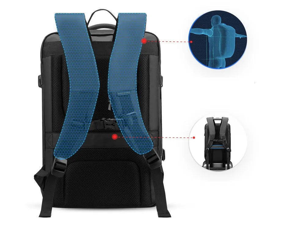 Large black men's backpack with multiple zippered pockets and 36-55 litre capacity