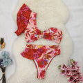 Women's pink floral one-shoulder ruffle bikini with high-waist briefs for swimming