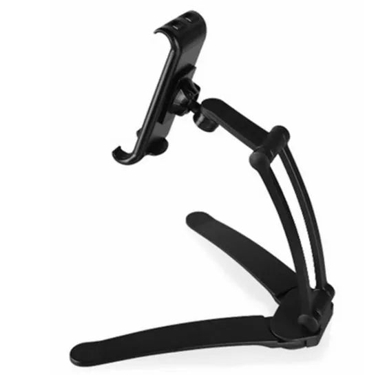 Aluminium alloy desktop tablet stand with adjustable clip holding a tablet at an angle
