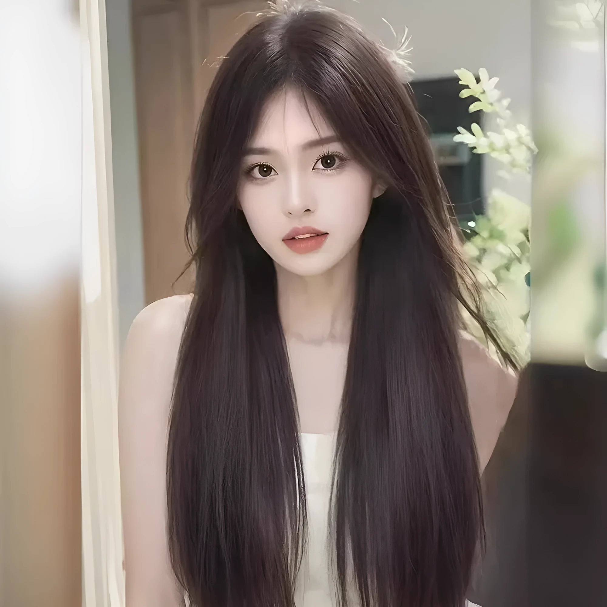 Forehead lace long straight full-head wig in dark brown with side bangs styling