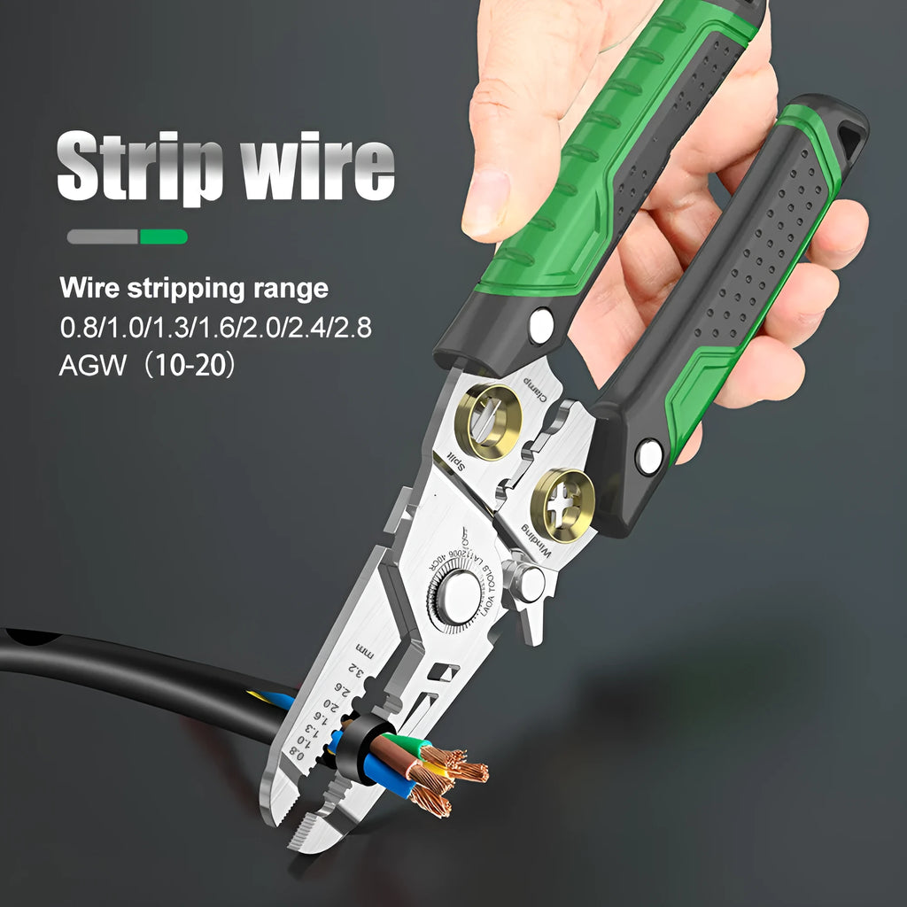 Stainless steel multifunctional wire stripper tool with seven stripping ports and a two-colour handle.