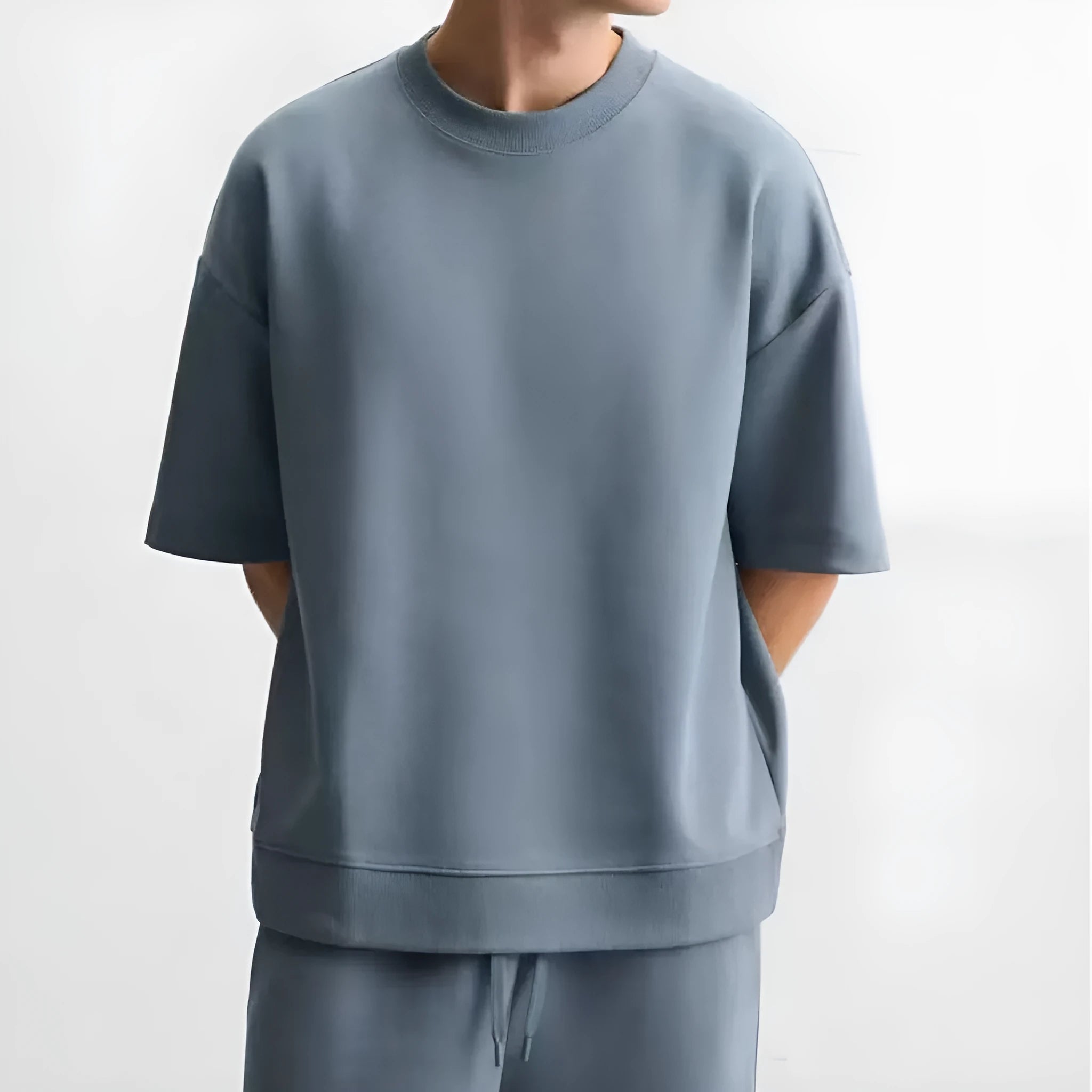 Loose-fitting double-sided cloth texture short sleeve top and matching shorts lounge set in blue
