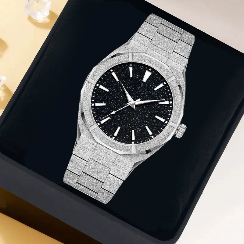 Men's stainless steel business watch with frosted case and luminous hands in silver colour