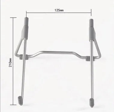 Grey aluminium alloy and plastic adjustable mobile phone and laptop stand shown folded and unfolded.