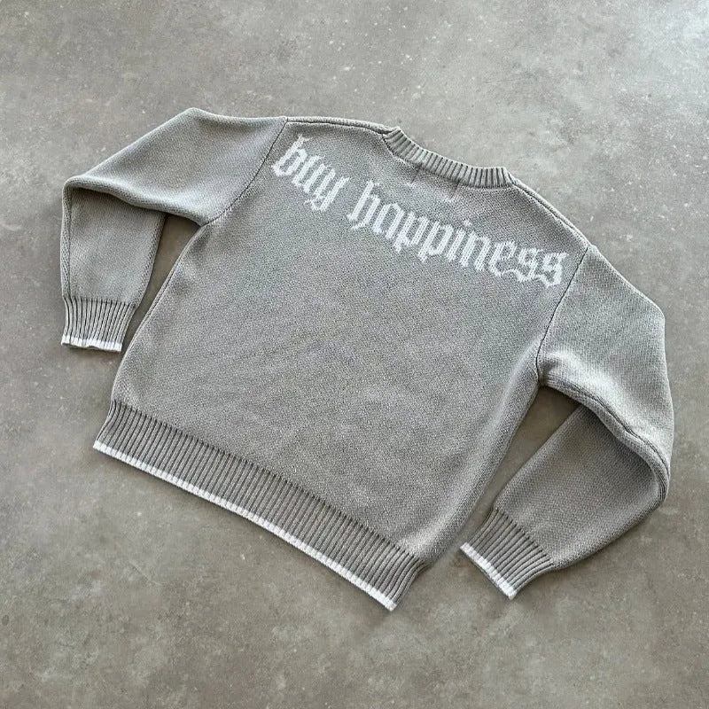 Grey jacquard knitwear coat with loose fit and long sleeves