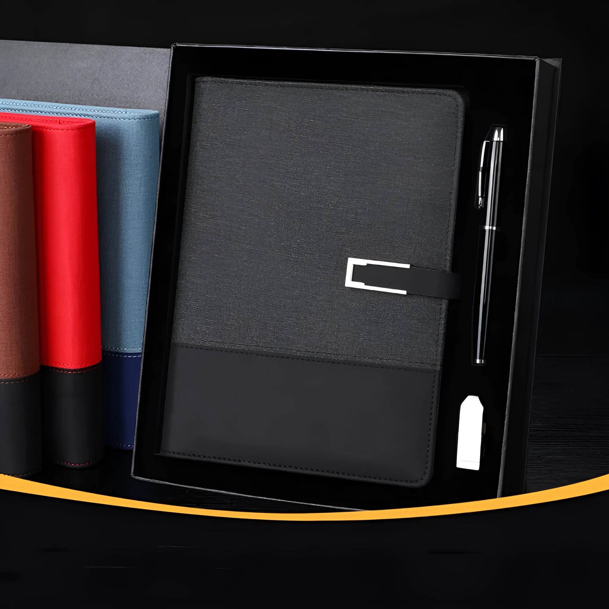 A5 soft PU leather business notebook in brown, open on wood-free paper pages.