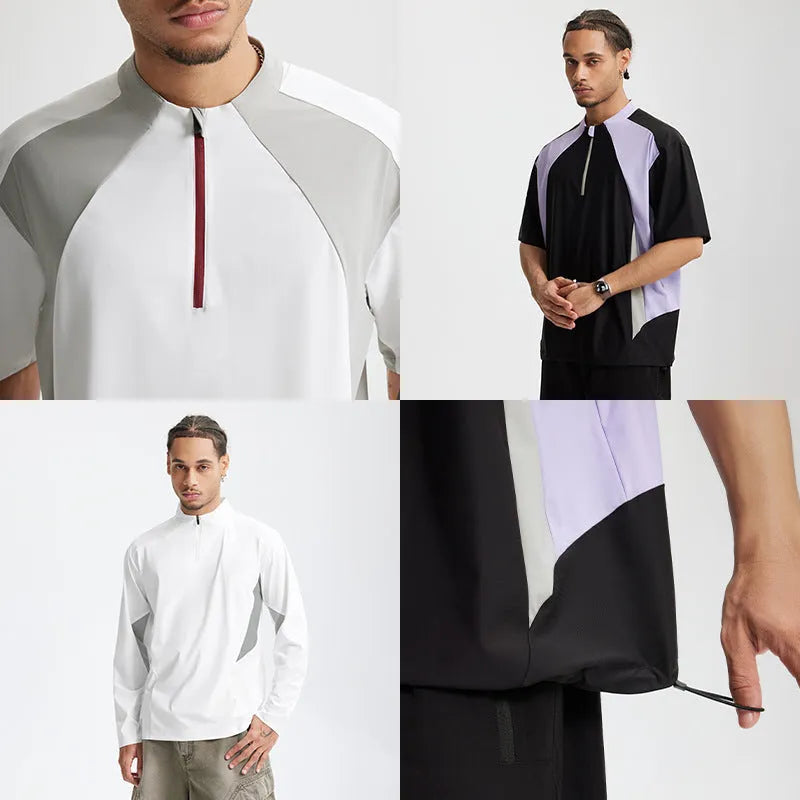 Men's lightweight polyester casual top in black and beige with long and short sleeve options