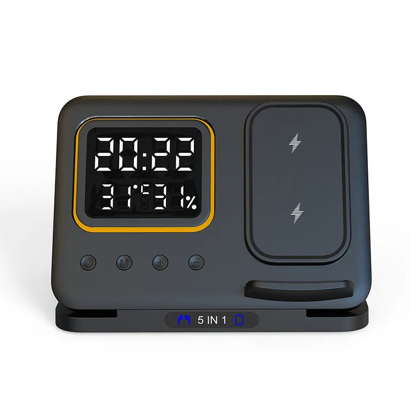 Black and white 5-in-1 wireless charging station with phone, watch and headphone docks, LED clock display