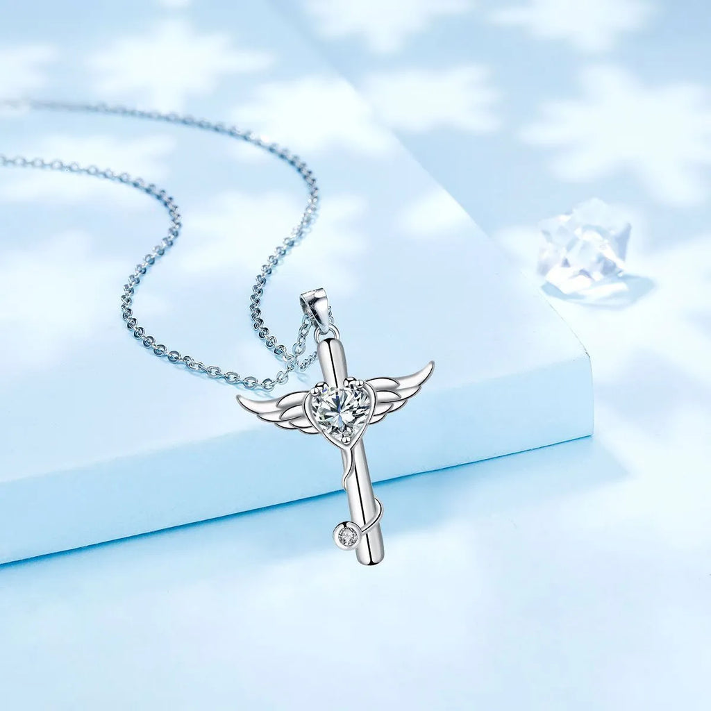 Cross stethoscope necklace with wings charm in electroplated copper, red diamond and white diamond colour options