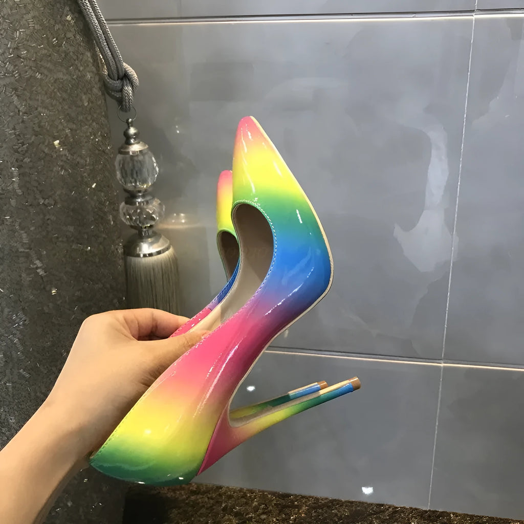 Rainbow patent leather women's high heels with thin ultra-high heels and pointed toes
