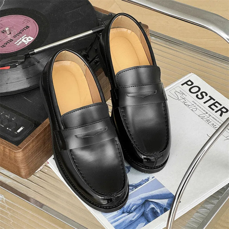 Men's classic black slip-on derby shoes with height-increasing insole, microfiber upper, rubber sole